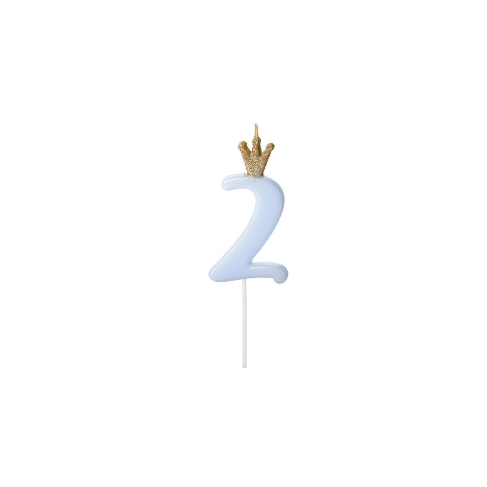 Birthday candle with a crown - PartyDeco - number 2, light blue