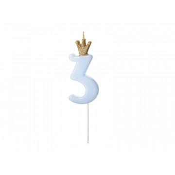 Birthday candle with a crown - PartyDeco - number 3, light blue