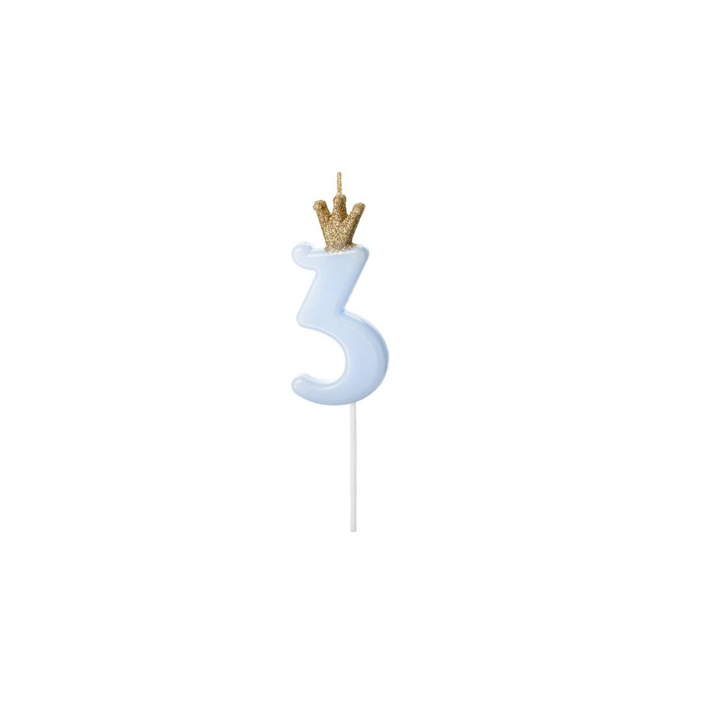 Birthday candle with a crown - PartyDeco - number 3, light blue