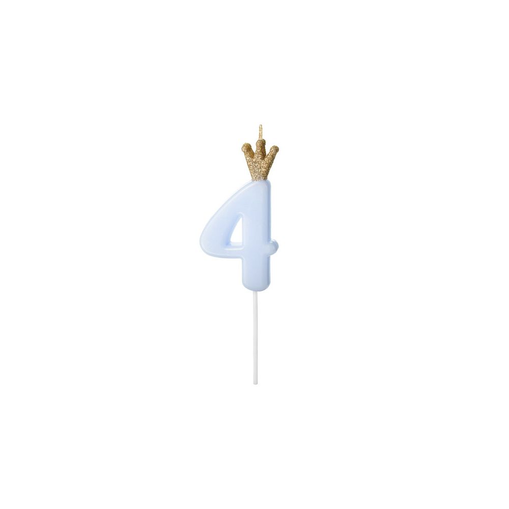 Birthday candle with a crown - PartyDeco - number 4, light blue