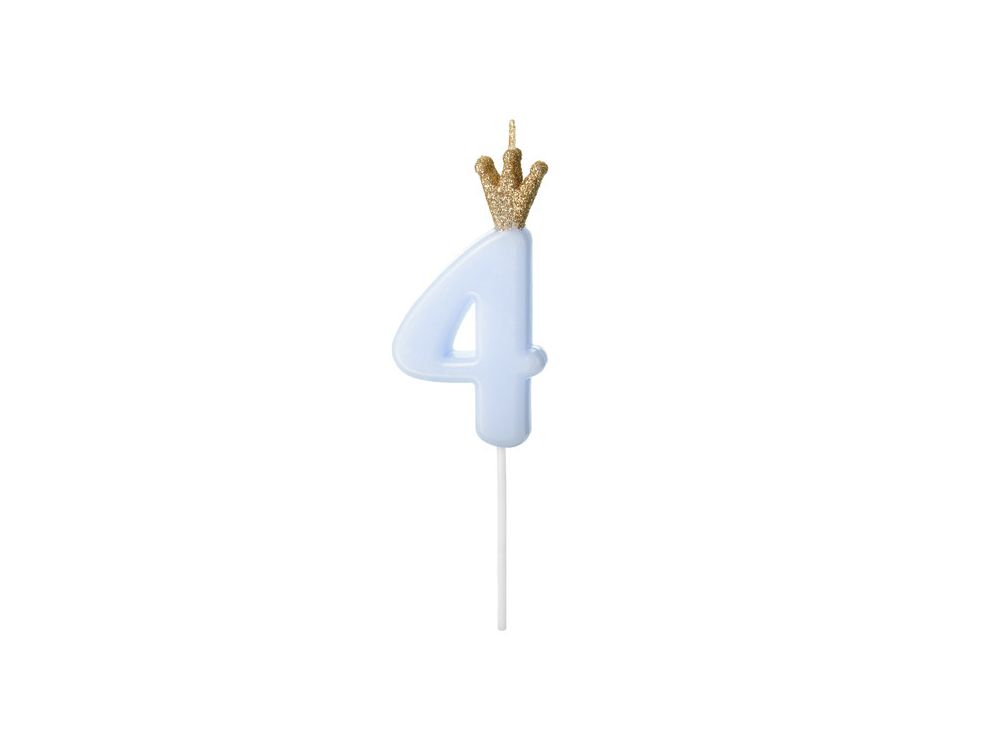 Birthday candle with a crown - PartyDeco - number 4, light blue
