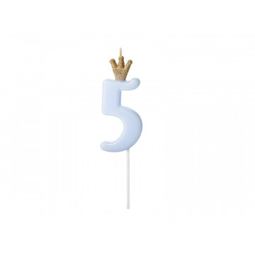 Birthday candle with a crown - PartyDeco - number 5, light blue