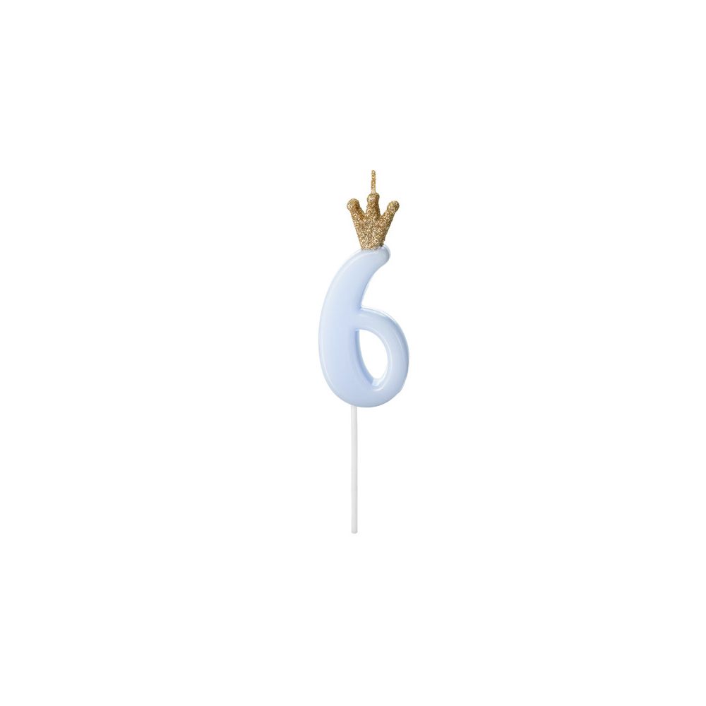 Birthday candle with a crown - PartyDeco - number 6, light blue