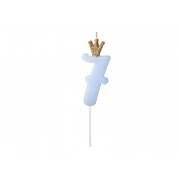 Birthday candle with a crown - PartyDeco - number 7, light blue
