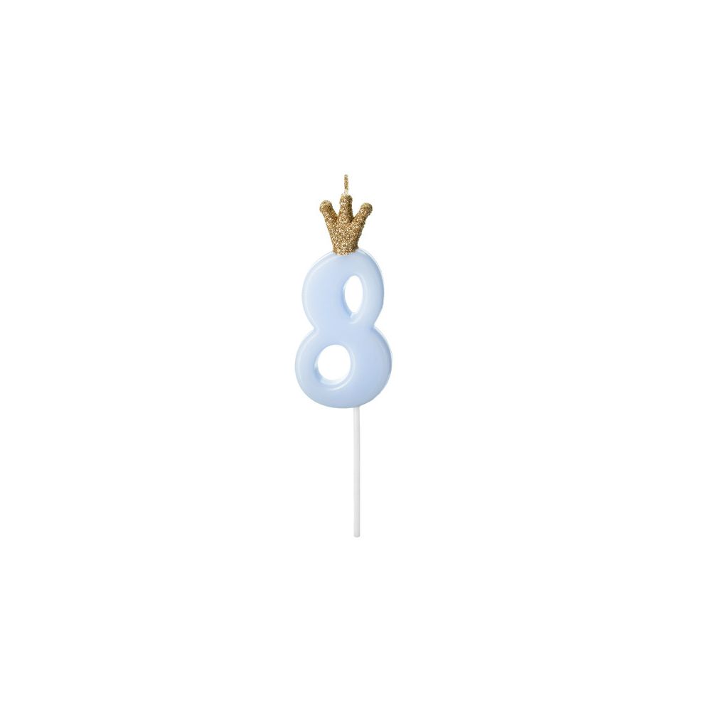 Świeczka urodzinowa z koroną - PartyDeco - cyferka 8, jasny niebieski