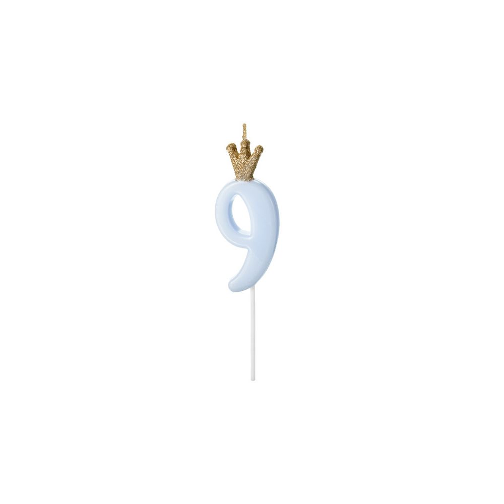 Birthday candle with a crown - PartyDeco - number 9, light blue