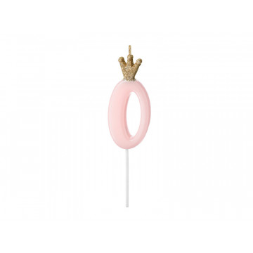 Birthday candle with a crown - PartyDeco - number 0, light pink