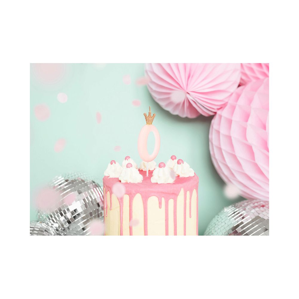 Świeczka urodzinowa z koroną - PartyDeco - cyferka 0, jasny różowy