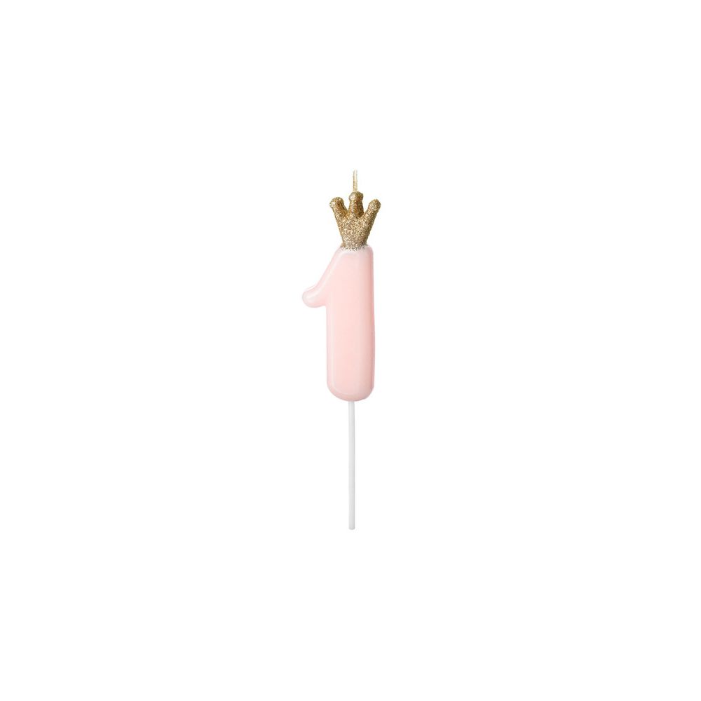 Birthday candle with a crown - PartyDeco - number 1, light pink