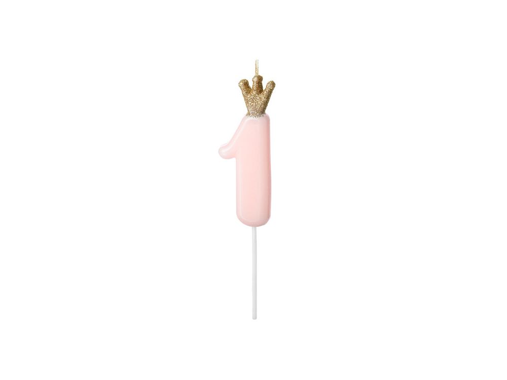 Birthday candle with a crown - PartyDeco - number 1, light pink