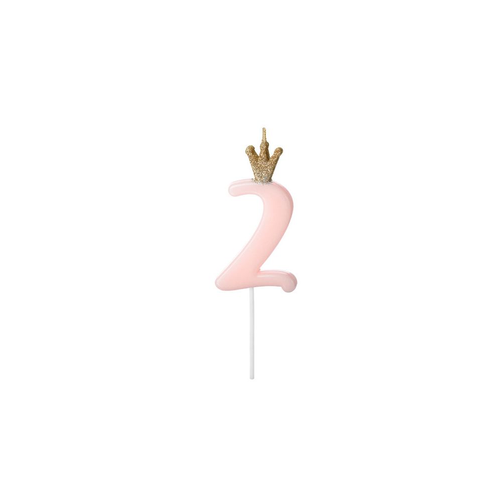 Świeczka urodzinowa z koroną - PartyDeco - cyferka 2, jasny różowy