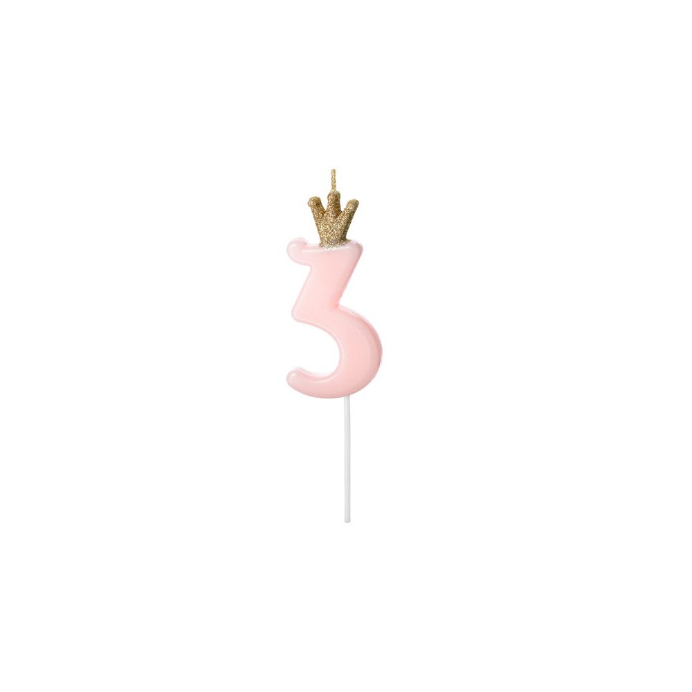 Świeczka urodzinowa z koroną - PartyDeco - cyferka 3, jasny różowy