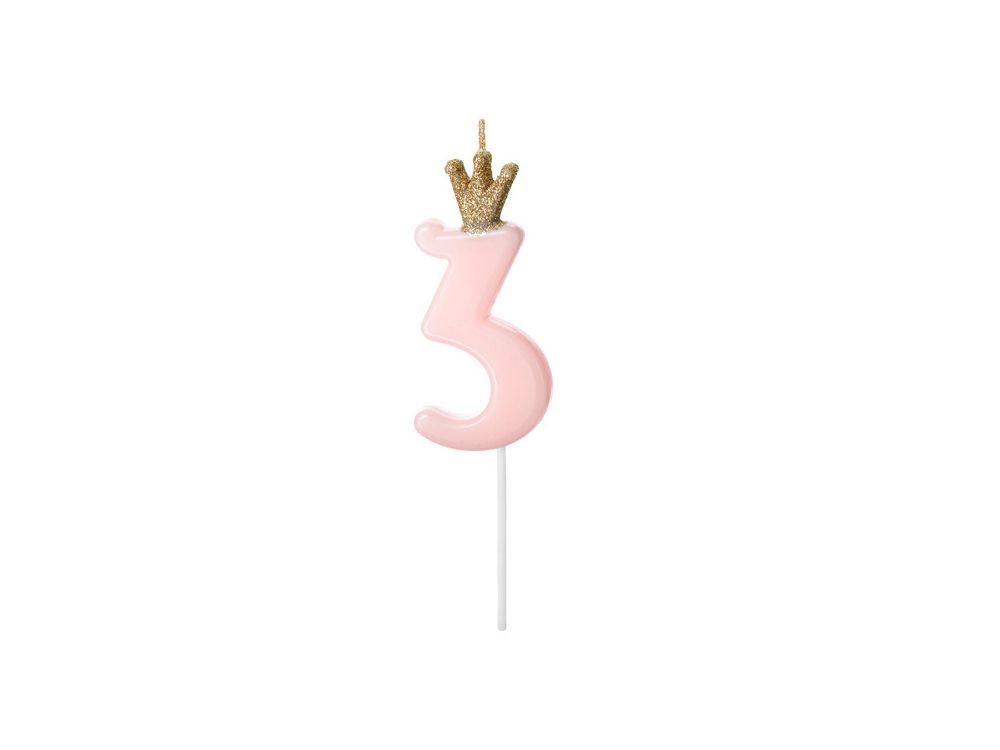 Birthday candle with a crown - PartyDeco - number 3, light pink