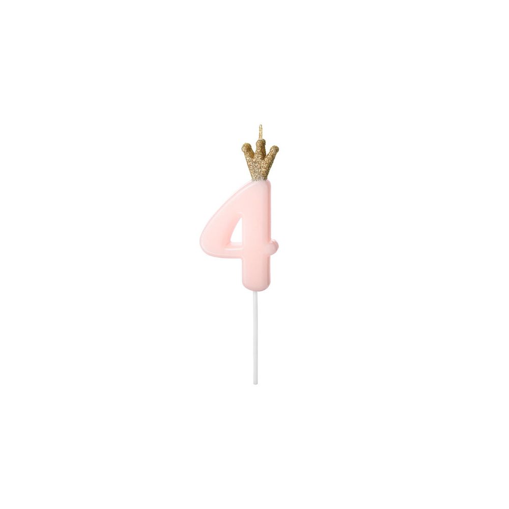 Birthday candle with a crown - PartyDeco - number 4, light pink