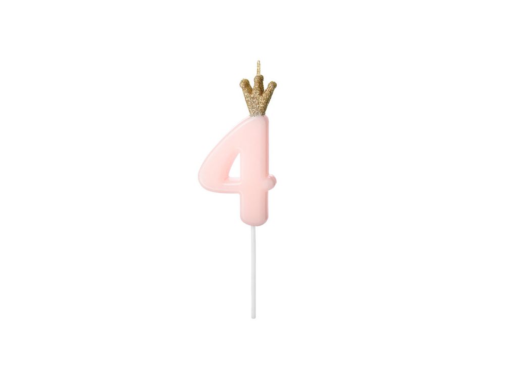 Birthday candle with a crown - PartyDeco - number 4, light pink