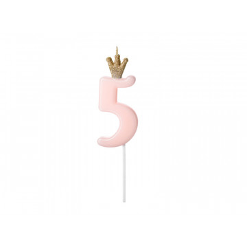 Birthday candle with a crown - PartyDeco - number 5, light pink