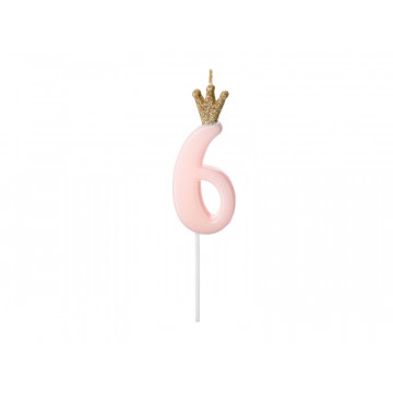 Birthday candle with a crown - PartyDeco - number 6, light pink