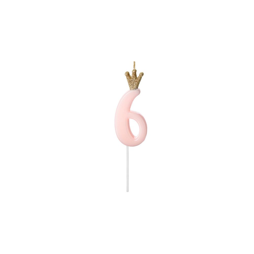 Birthday candle with a crown - PartyDeco - number 6, light pink