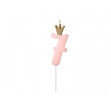 Birthday candle with a crown - PartyDeco - number 7, light pink