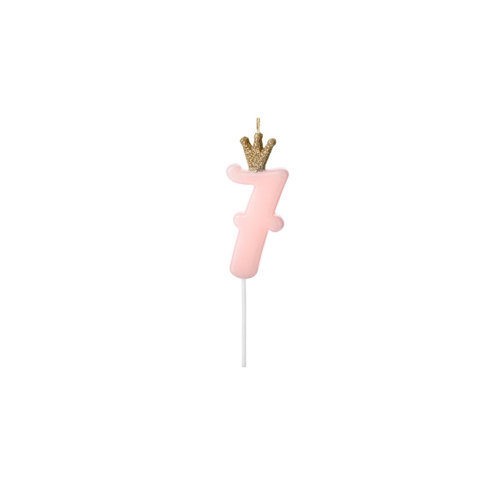 Świeczka urodzinowa z koroną - PartyDeco - cyferka 7, jasny różowy
