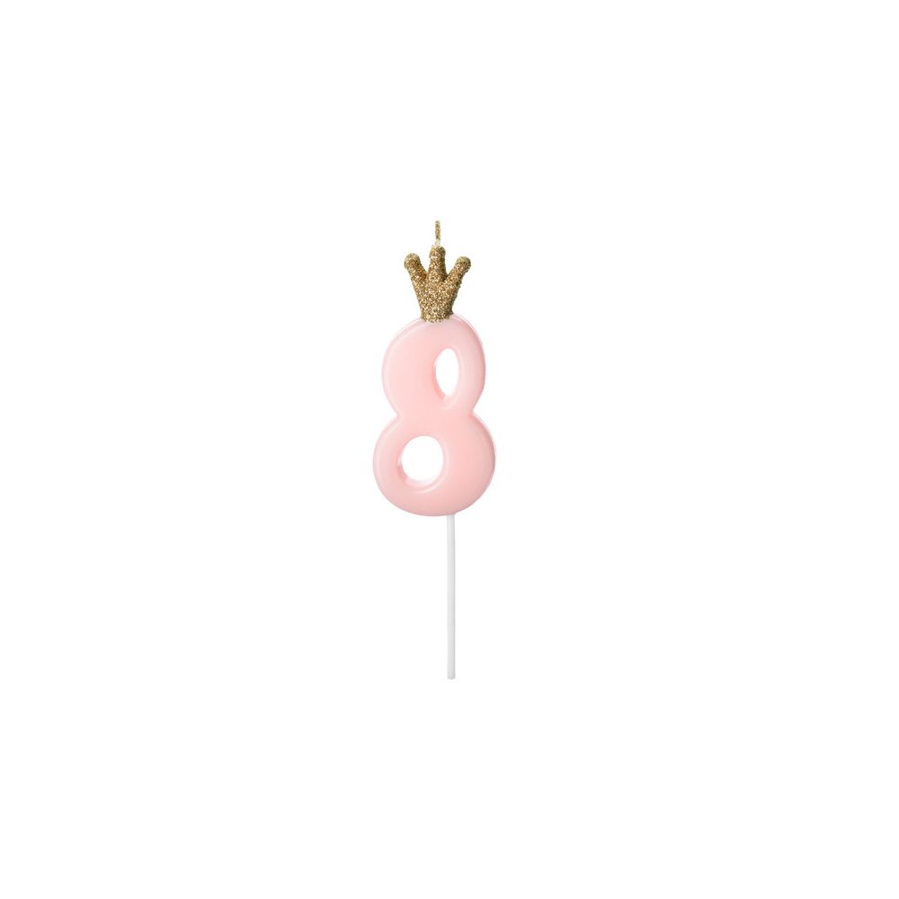 Świeczka urodzinowa z koroną - PartyDeco - cyferka 8, jasny różowy