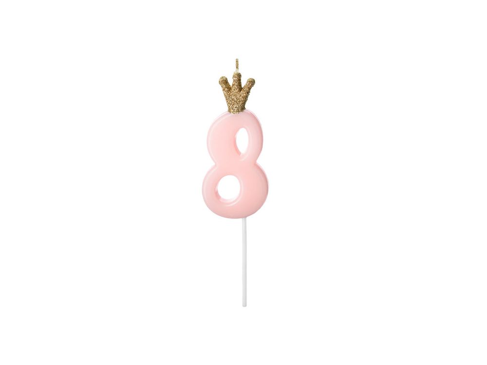 Birthday candle with a crown - PartyDeco - number 8, light pink