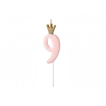 Birthday candle with a crown - PartyDeco - number 9, light pink