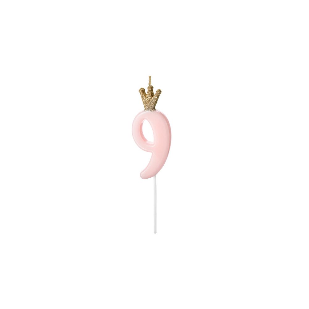 Świeczka urodzinowa z koroną - PartyDeco - cyferka 9, jasny różowy