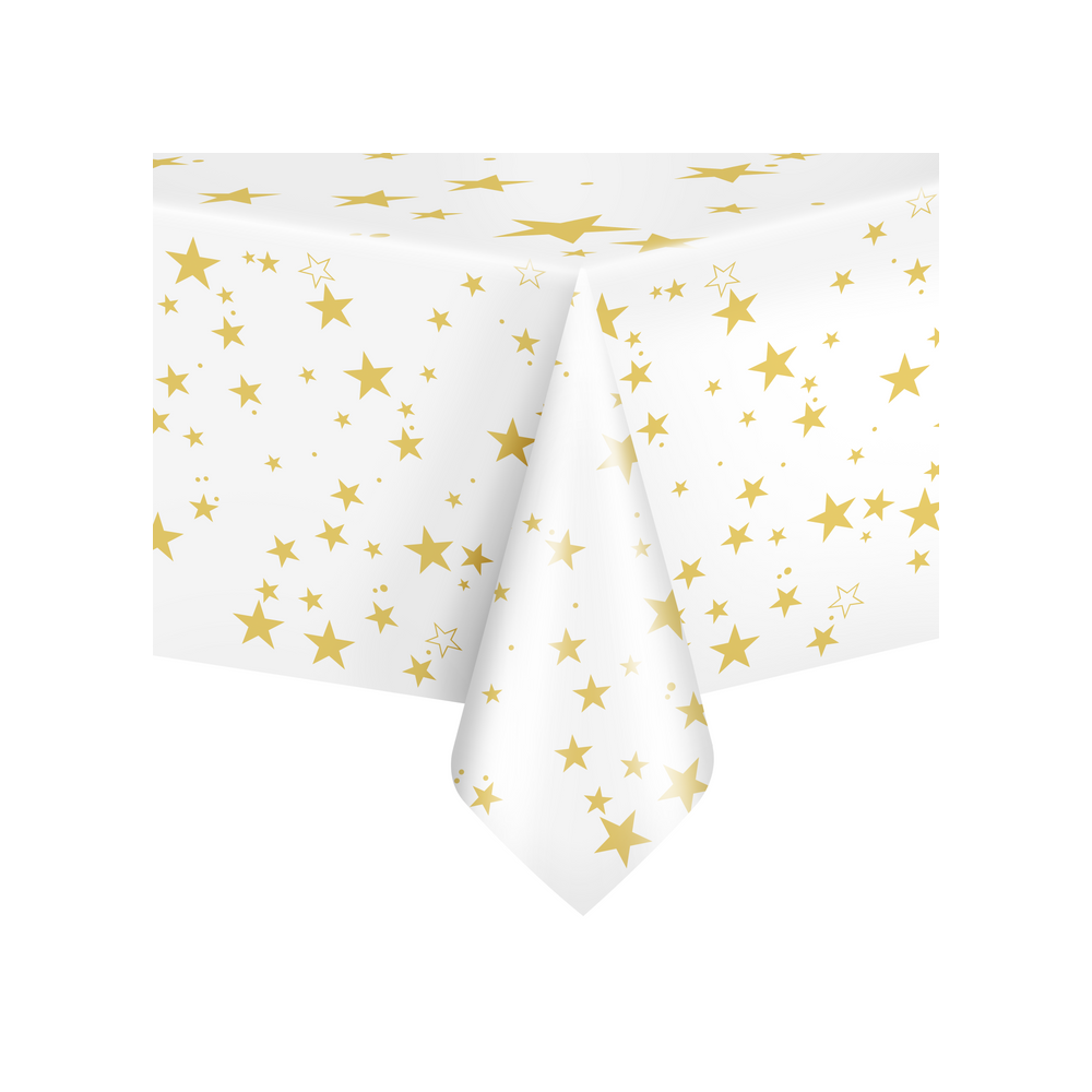 Tablecloth for a sweet table - white, gold stars, 137 x 274 cm