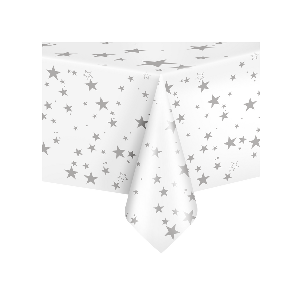 Tablecloth for a sweet table - white, silver stars, 137 x 274 cm