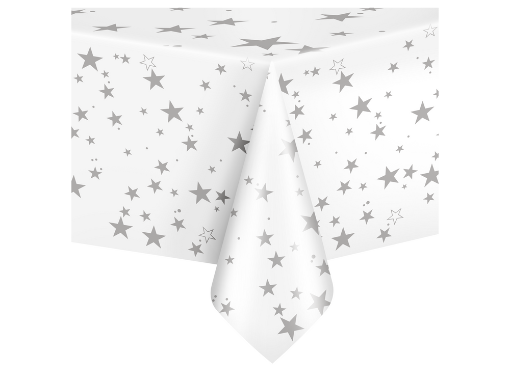 Tablecloth for a sweet table - white, silver stars, 137 x 274 cm