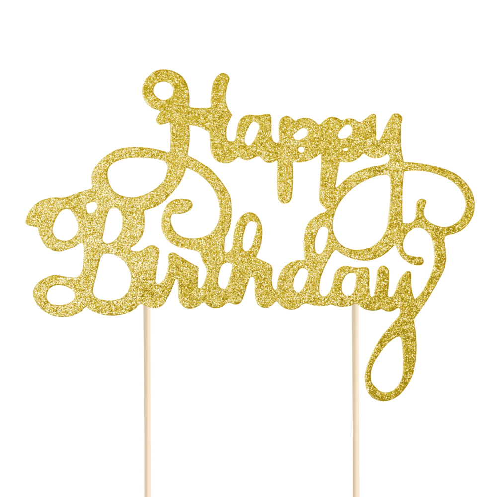 Topper na tort Happy Birthday - brokatowy, złoty, 14 cm