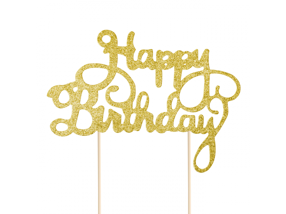 Topper na tort Happy Birthday - brokatowy, złoty, 14 cm