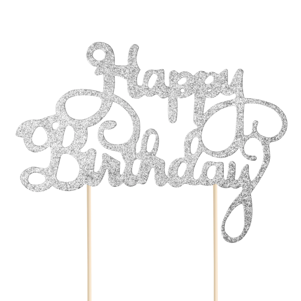 Topper na tort Happy Birthday - brokatowy, srebrny, 14 cm
