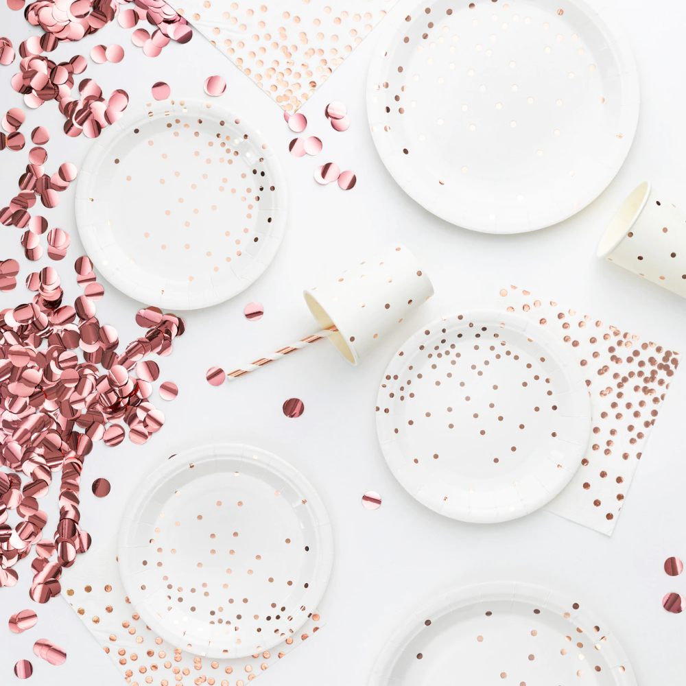 Paper plates - white, rose gold dots, 23 cm, 6 pcs.