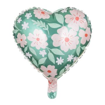 Foil balloon Heart with flowers - PartyDeco - green, 45 cm