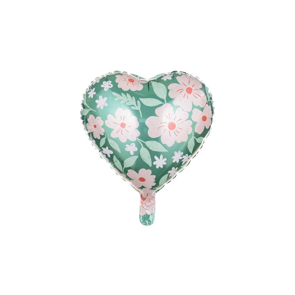 Balon foliowy Serce w kwiaty - PartyDeco - zielony, 45 cm