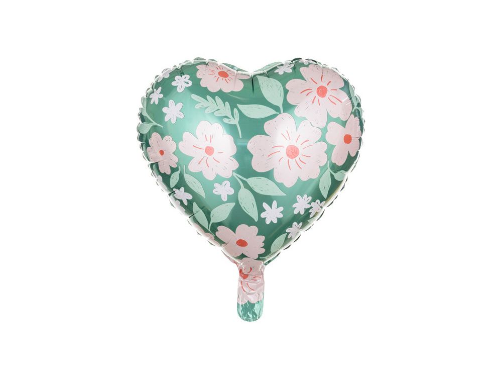Balon foliowy Serce w kwiaty - PartyDeco - zielony, 45 cm