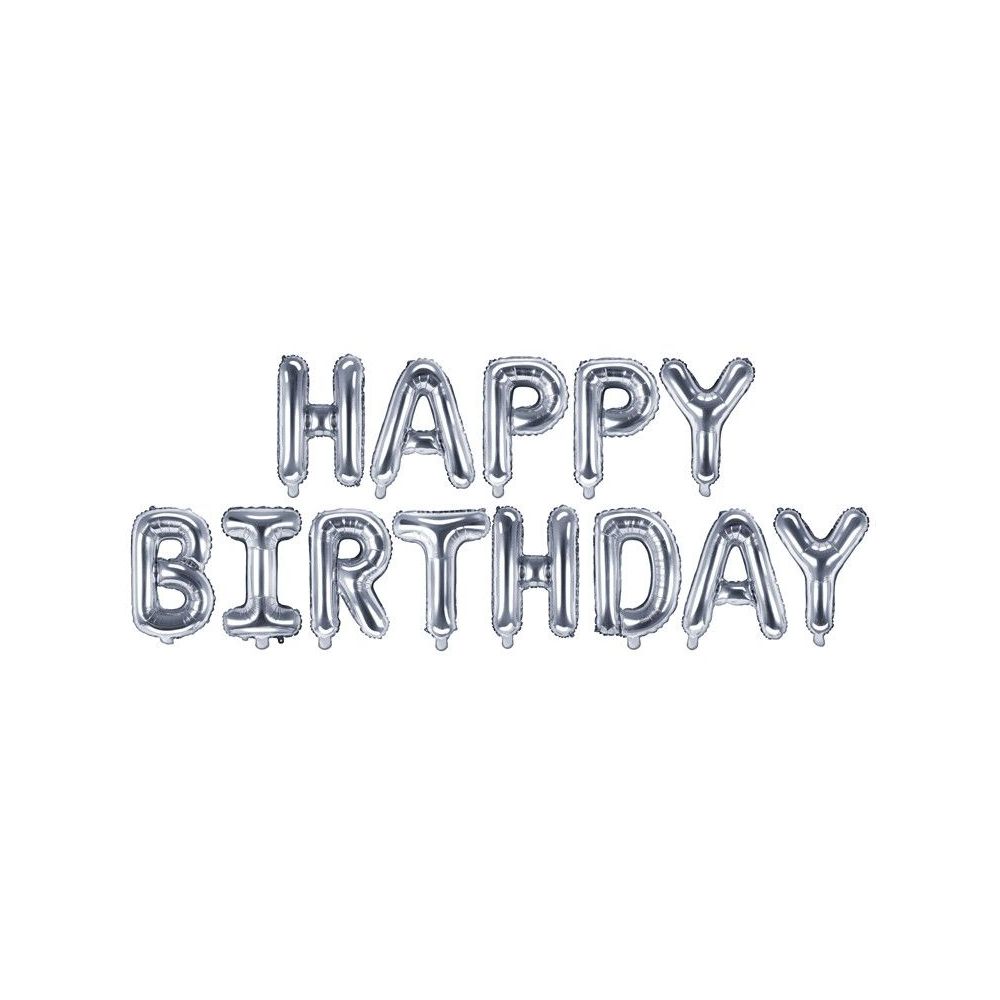 Balon foliowy Happy Birthday - PartyDeco - srebrny, 340 x 35 cm