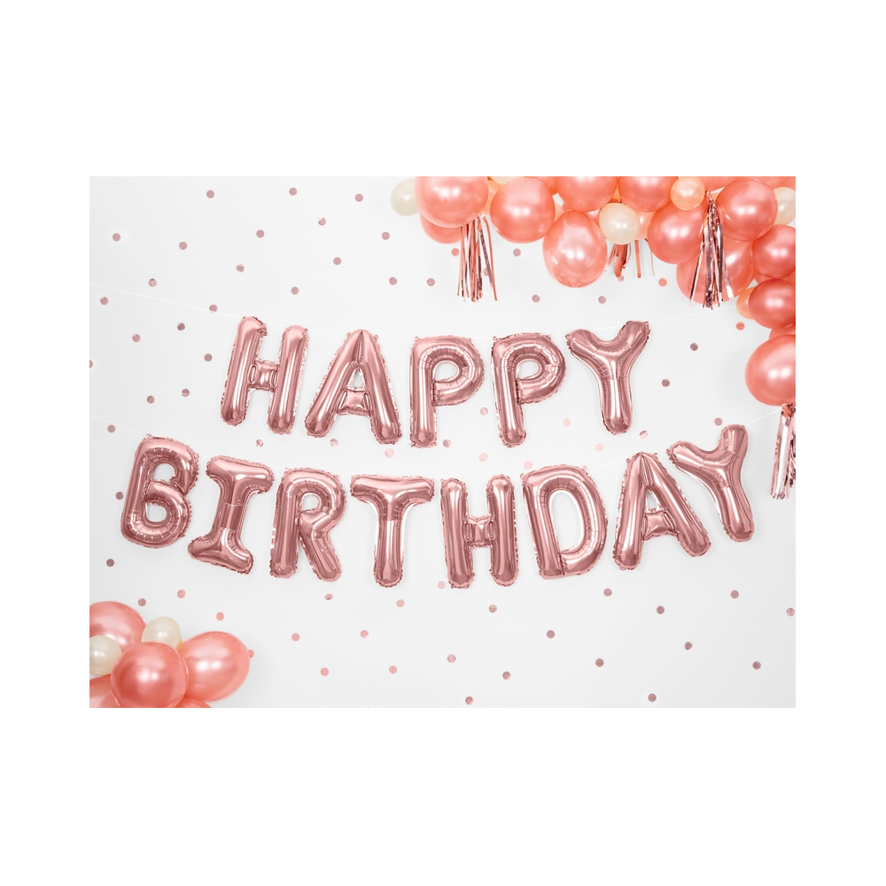 Balon foliowy Happy Birthday - PartyDeco - różowe złoto, 340 x 35 cm