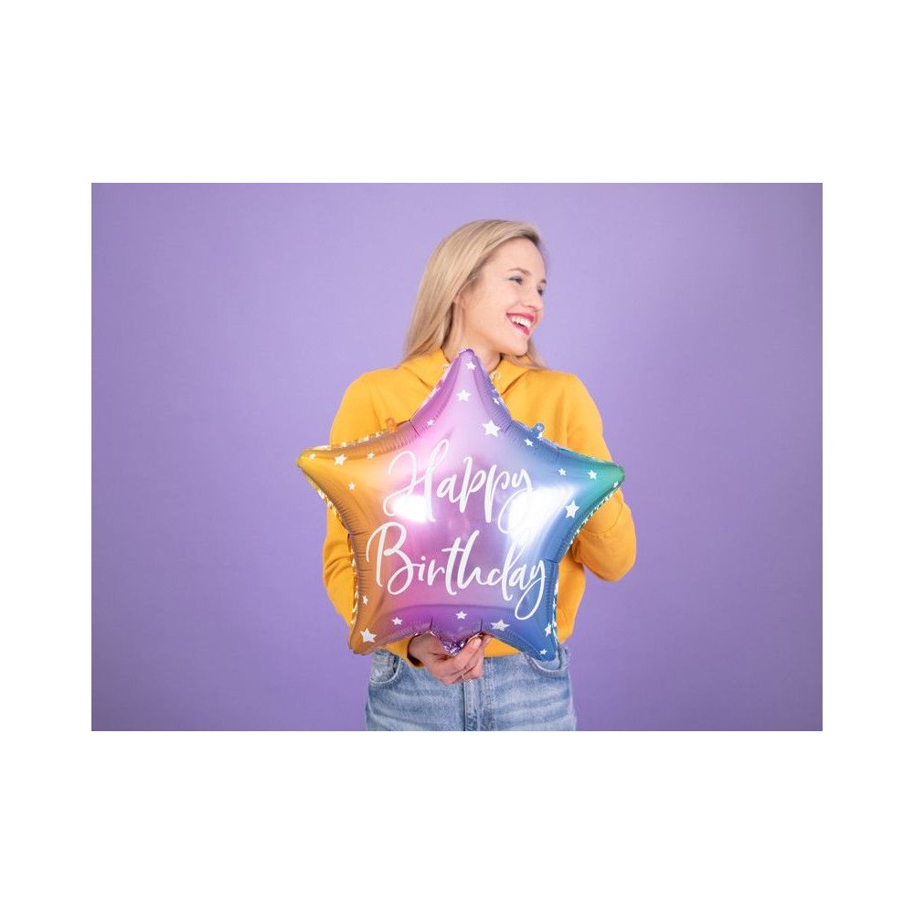 Balon foliowy Happy Birthday - PartyDeco - gwiazdka, kolorowy, 40 cm