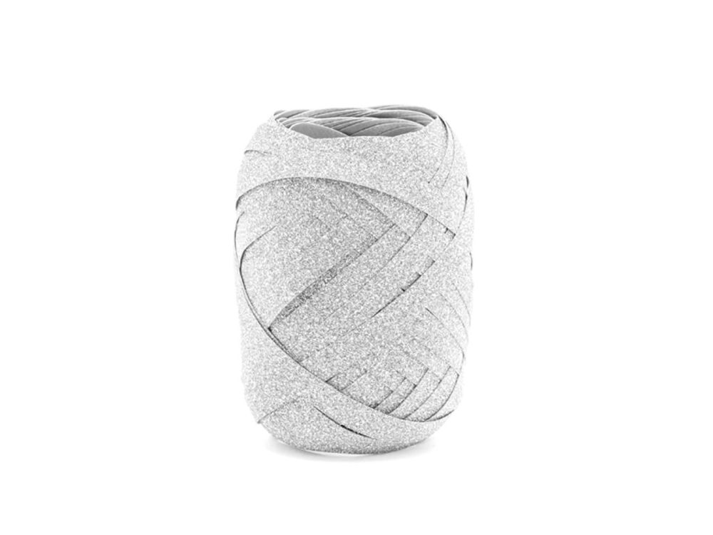 Wstążka plastikowa do balonów - PartyDeco - brokatowa, srebrna, 5 mm x 10m