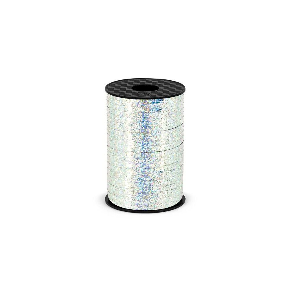 Plastic ribbon for balloons - PartyDeco - silver holographic, 5 mm x 225 m