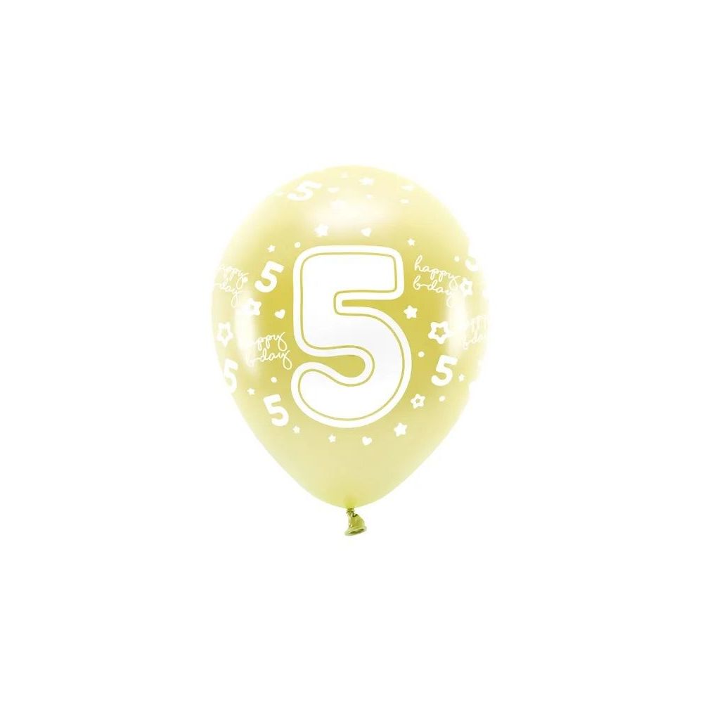 Eco latex balloons, metallic - PartyDeco - light gold, number 5, 33 cm, 6 pcs.