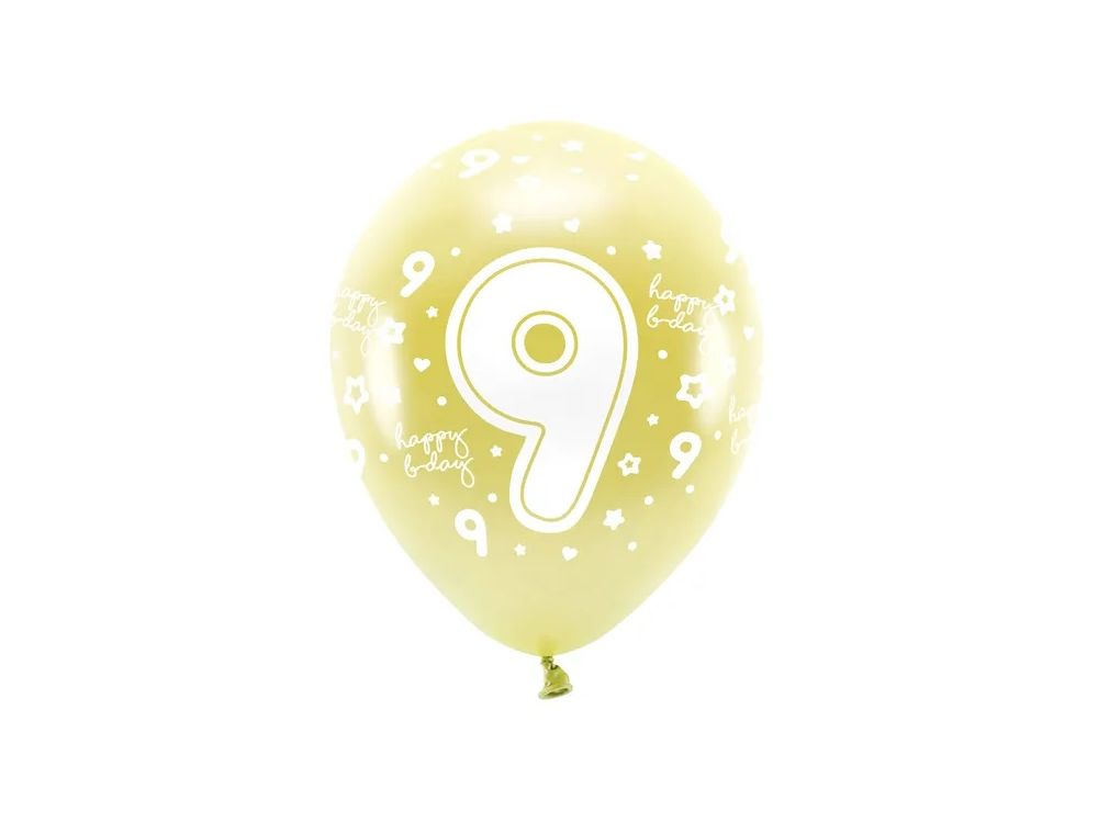 Eco latex balloons, metallic - PartyDeco - light gold, number 9, 33 cm, 6 pcs.