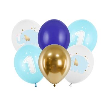 Latex balloons - PartyDeco - One year old, blue mix, 30 cm, 6 pcs.