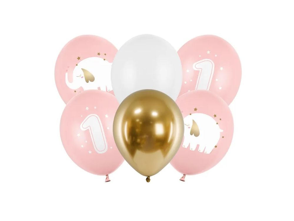 Latex balloons - PartyDeco - One year old, pink mix, 30 cm, 6 pcs.