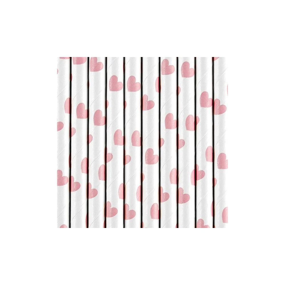 Słomki papierowe - PartyDeco - białe, różowe serduszka, 19,5 cm, 10 szt.