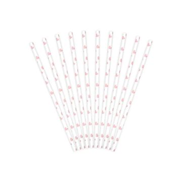 Paper straws - PartyDeco - white, pink hearts, 19.5 cm, 10 pcs.