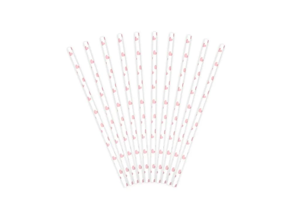 Paper straws - PartyDeco - white, pink hearts, 19.5 cm, 10 pcs.